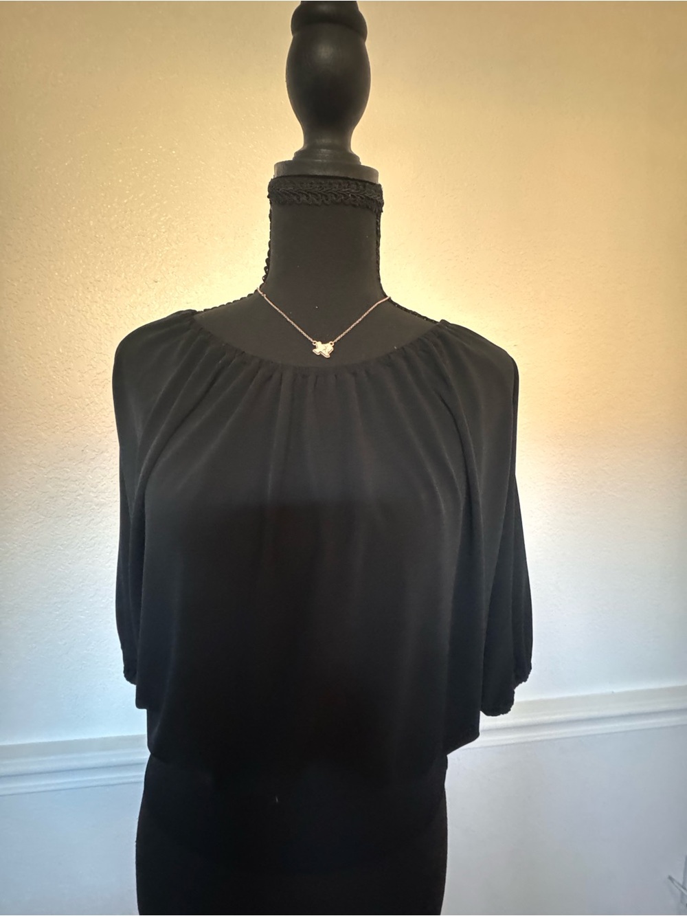 Classic Black Women's Blouse - Gathered Neck, Dolman Sleeves